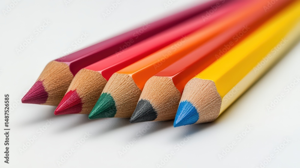 Vibrant array of colored pencils arranged in a spectrum on white surface Vibrant array of colored pencils arranged in a spectrum on white surface