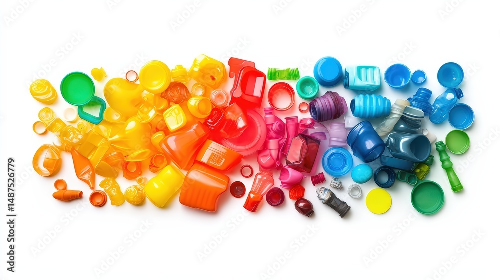 Vibrant array of recycled plastic forms a gradient, showcasing sustainability Vibrant array of recycled plastic forms a gradient, showcasing sustainability