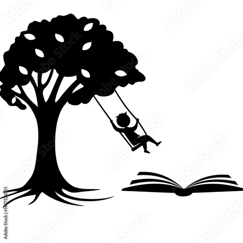 Storytime Silhouette: A black and white silhouette illustrates the carefree spirit of youth as a child swings from a tree while a book lays open, telling a story of wonder.
