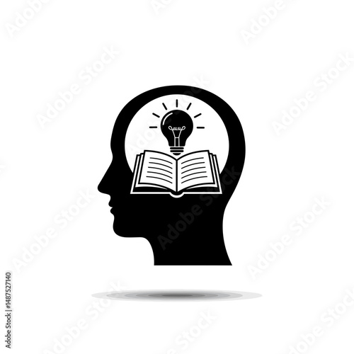 Illumination of Knowledge: An open book and a glowing lightbulb representing idea within a human head, symbolizes enlightenment, intellectual curiosity and the power of knowledge and learning.