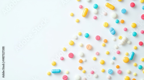Vibrant assortment of multicolored pills and capsules scattered on white surface
