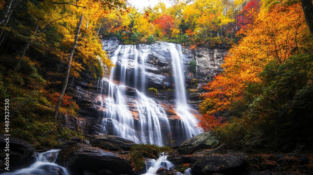 Fototapeta premium Autumnal waterfall cascading down a rocky face.
