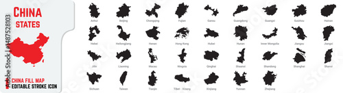 China Each State Solid Fill Flat Map Icon Vector – Country Silhouette Isolated on White Background