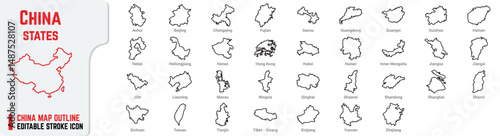 China Each State Map Lines Outline Icon Vector Isolated on White Background