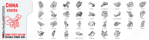 China Each State with City Lines Map Icon Outline Vector Isolated on White Background