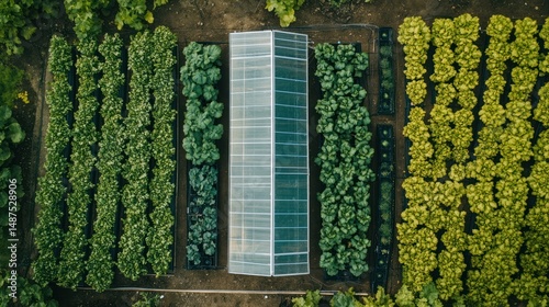 Aerial View of Organized Vegetable Garden with Greenhouse