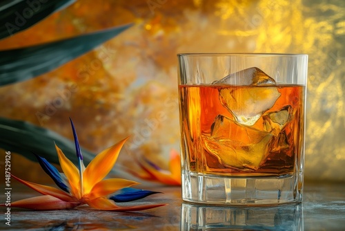 Elegant, golden drink with ice and flower. photo