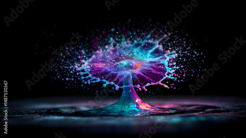 of bright acrylic paint drops colliding and forming splash crowns