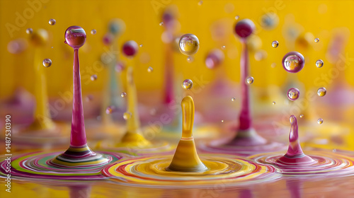 of bright acrylic paint drops colliding and forming splash crowns