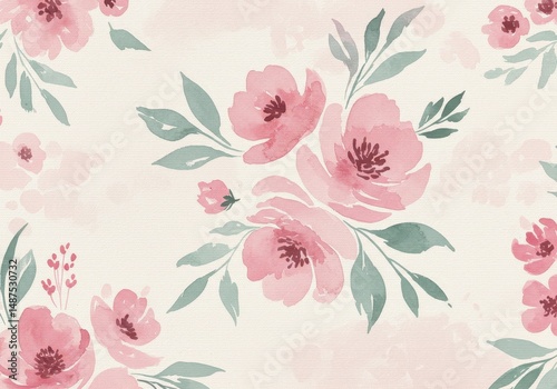 Fototapeta Naklejka Na Ścianę i Meble -  Elegant Watercolor Floral Pattern Pink Blush Flowers and Greenery Seamless Design