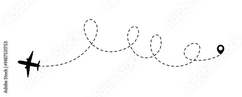 Airplane dotted line route from the starting point vector design. Travel with an airplane dotted line path. Heart route, going, curved, location, airplane route, transparent PNG background.