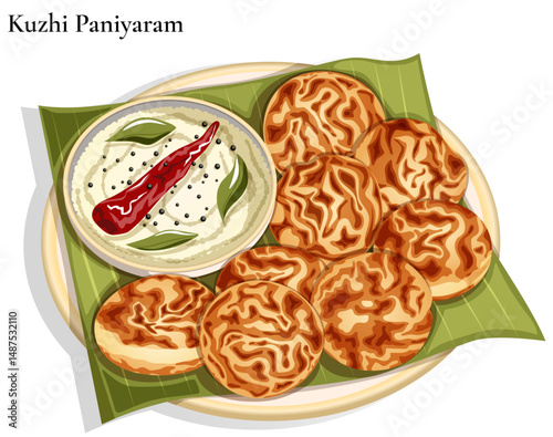 Kuzhi Paniyaram on Banana Leaf with Coconut Chutney – South Indian Tiffin Illustration
