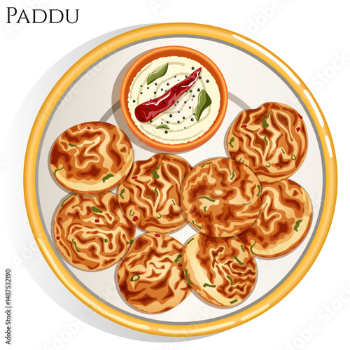 Top View Paddu with Coconut Chutney on Plate. Traditional South Indian Tiffin Meal Illustration