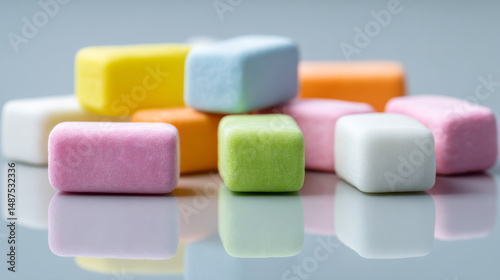 Colorful chewing gum pieces arranged on a reflective surface, showcasing vibrant hues.