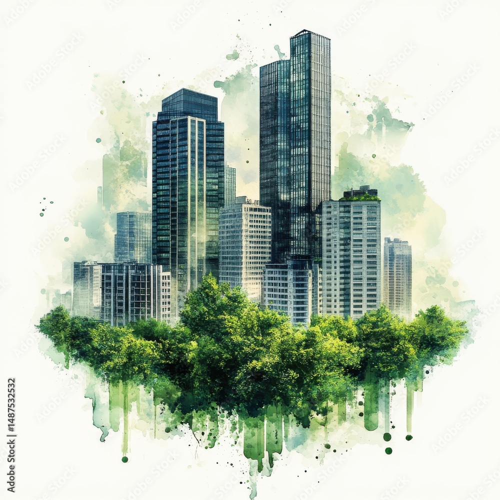 Obraz premium Watercolor Cityscape Modern Skyscrapers and Lush Greenery