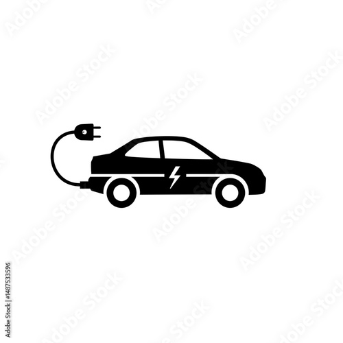 Electric Car Icon: A sleek, monochrome silhouette of an electric car connected to a charging cable, symbolizing sustainable transportation and environmental consciousness.