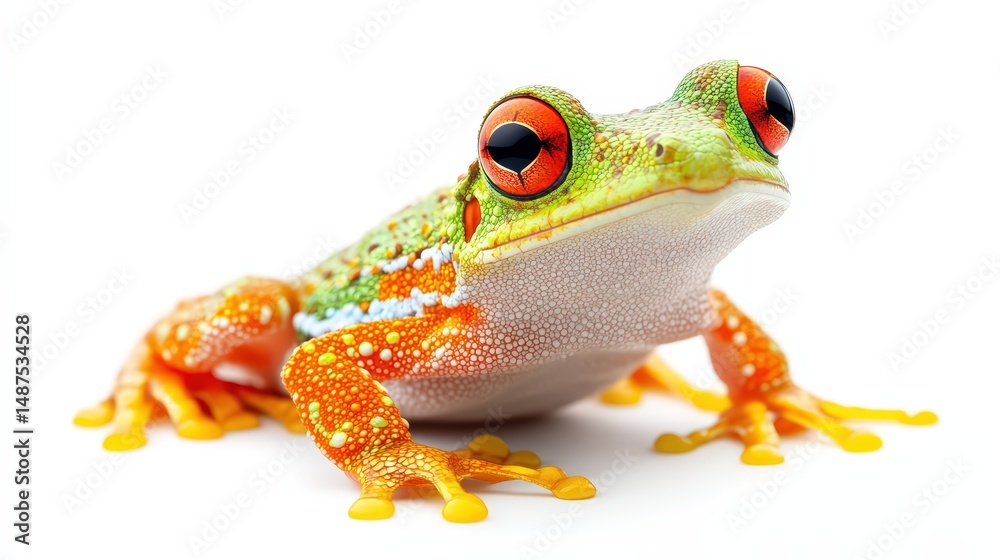 Obraz premium Vibrant Red-Eyed Tree Frog with Intricate Markings Isolated on White Background