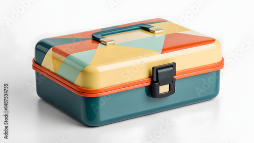 Modern food container mockup with geometric pattern, hard lunch case design, compact colorful lunch kit with secure latch and plastic body