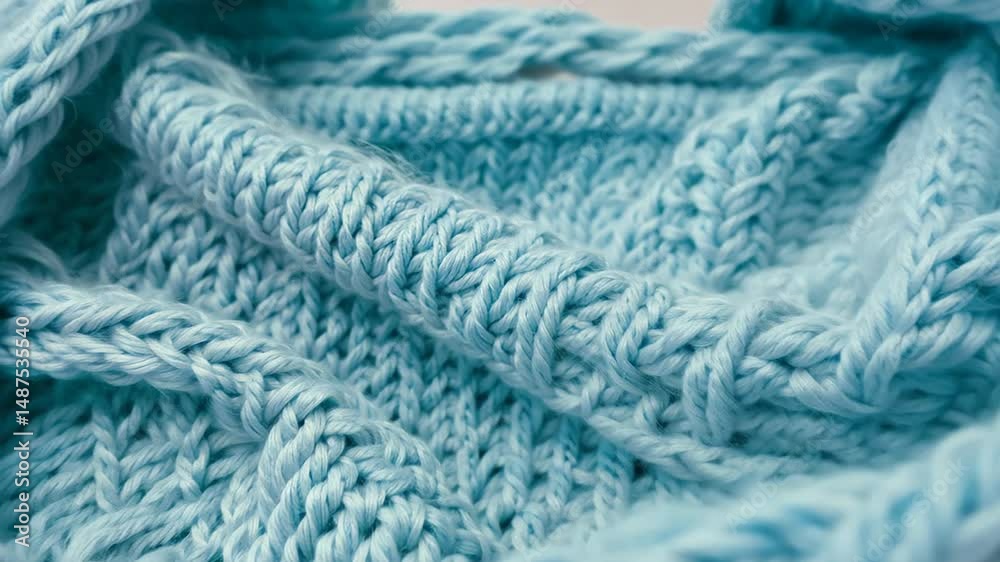 Delicate light blue wool texture showcasing intricate cable knit pattern with soft, cozy surface revealing fine yarn details