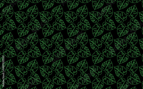 Monstera deliciosa clipart set with tropical patterns, circular and square borders. Great for digital design, prints, and botanical decor, plant.