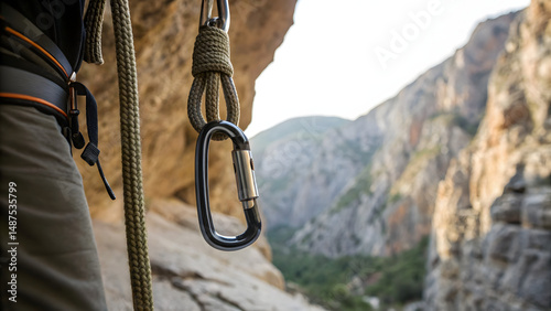 Mountain climbing mockup showing belay device, locking carabiner, safety ropes, and harness on cliffside with dramatic rocky canyon in background