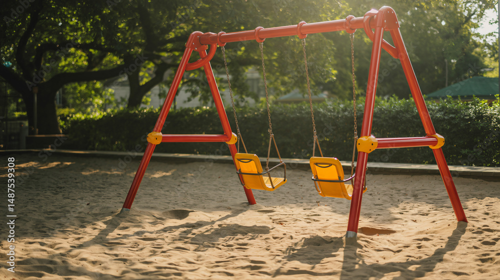Fototapeta premium A cheerful playground with bright swings hanging casting playful shadows on the soft sandy ground