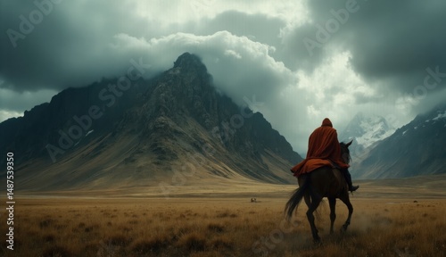 A figure in a red cloak rides a horse across a vast grassy plain bordered by towering misty mountains and a dramatic cloudy sky suggesting an epic journey ahead