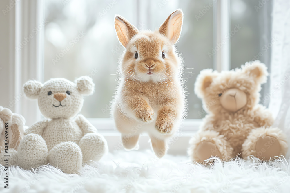 Fototapeta premium A playful bunny leaps among plush toys on a cozy surface, capturing the essence of innocence and joy in a serene setting.