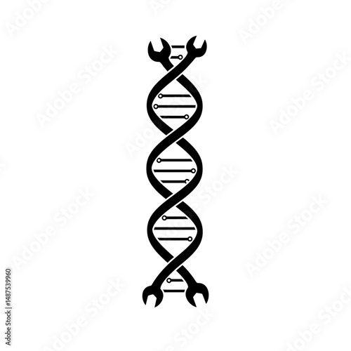 Genetic Engineering: A stylized graphic design representing genetic engineering, featuring a DNA double helix intertwined with a pair of wrenches.