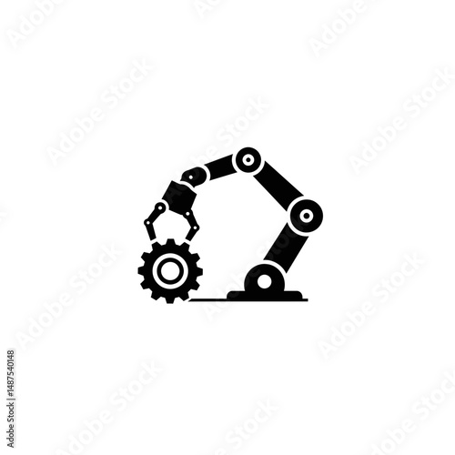 Precision Engineering: A robotic arm deftly maneuvers a gear in a minimalist, graphic silhouette, illustrating the cutting edge of technology and automation.