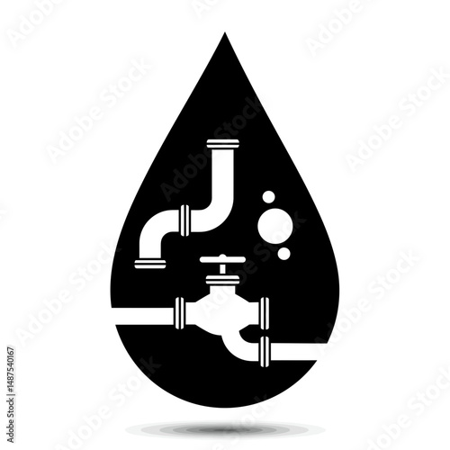 Water Drop Plumbing Illustration: A stark, monochromatic illustration of water pipes and a valve seamlessly integrated within the silhouette of a water drop.
