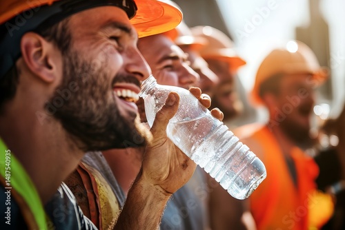A group of diverse construction workers laughing and taking a break, drinking water and wiping sweat under the sun, clean and professional composition, copy space, natural color, stock photography