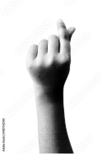 Halftone dotted texture cutout collage element - hand in heart shape, korean heart gesture. Retro halftone collage element for mixed media design. Vector  trendy y2k bts pop art style 