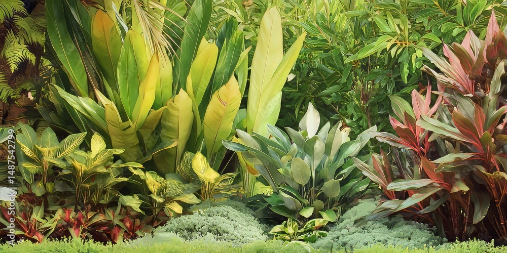 Fototapeta premium Vibrant Tropical Foliage and Lush Greenery in Nature Background for Botanical Art and Sustainable Gardening