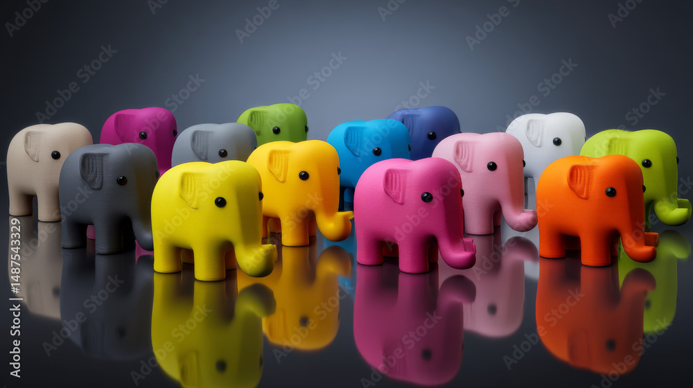 Obraz premium Colorful plastic elephant figurines arranged in a playful display reflecting light.