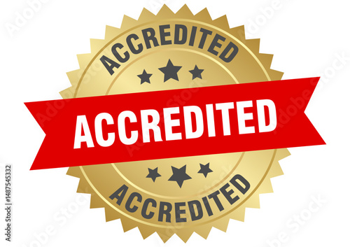 accredited. accredited round red and gold label isolated on transparent background