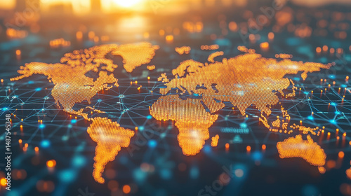 Global Network Map with Digital Nodes and Bright Connections