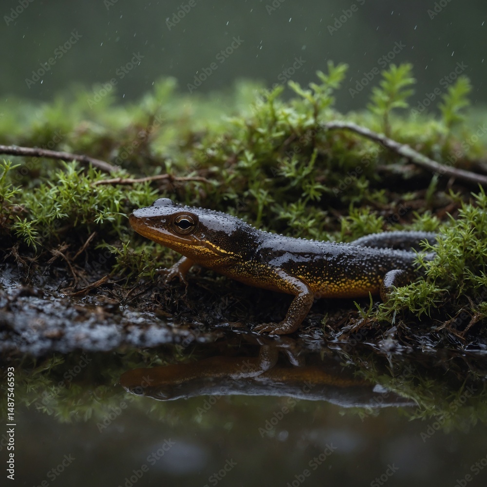 Obraz premium A smooth newt hibernating in damp wood, minimalism