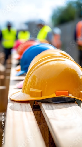A row of construction helmets placed on a wooden plank with a blurred background of workers, clean and professional composition, copy space, natural color, minimalism, stock photography