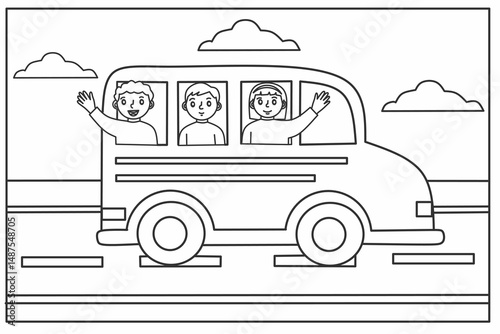 A black and white outline drawing of a school bus with children waving from the windows.Back to school coloring page foe kids, bus school coloring activity for kids