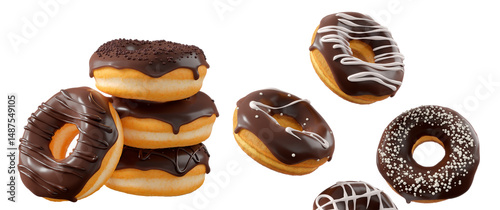 Donuts with chocolate glaze, sprinkles, white drizzle, and dots isolated on white transparent background. 3d rendering and illustration of dessert variety