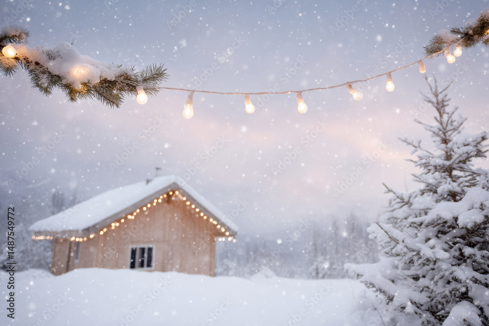 Naklejka premium serene winter landscape in usa featuring snowcovered trees and cozy cabin