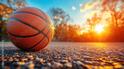 Close-up of Basketball on Asphalt Court at Sunset with Sunflare