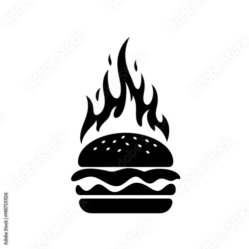 Fiery Burger: A captivating, graphic representation of a burger ablaze with flames. Evoking the delicious taste of grilling and the satisfaction of indulging in a classic fast food experience.
