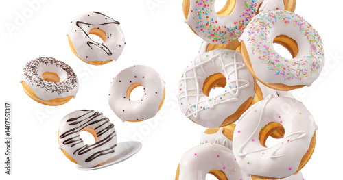Donuts with white chocolate glaze, sprinkles, white drizzle, and dots isolated on white transparent background. 3d rendering and illustration of dessert variety