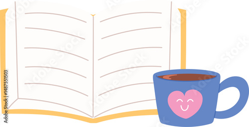 open book with coffee mug nearby illustration