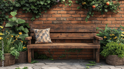 Cozy Wooden Bench Surrounded by Lush Greenery and Colorful Flowers