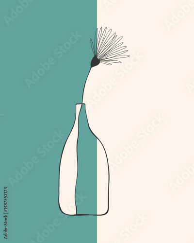 Glass bottle with flower in boho style. Wall decor, interior art decor. Abstract wallpaper. Minimal linear art.