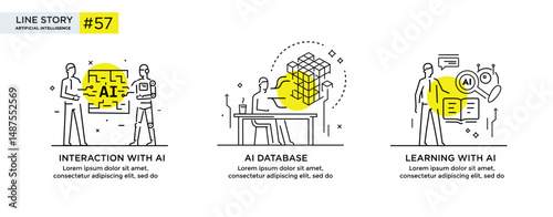 Set of illustrations concept with businessmen. technology, partnership, artificial intelligence business robot, cybes. linear illustration Icons infographics. Landing page site print poster. Line