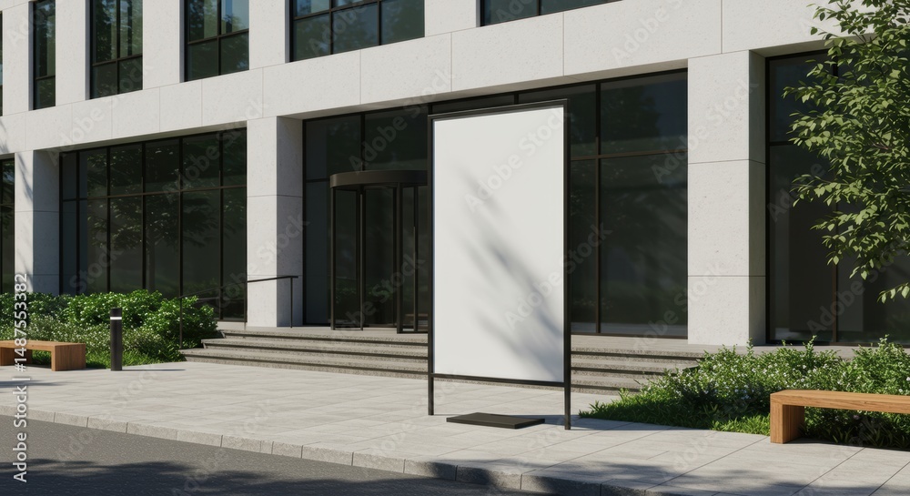 custom made wallpaper toronto digitalVertical white banner mockup near office building entrance, business environment. Realistic 3D render for corporate advertising template